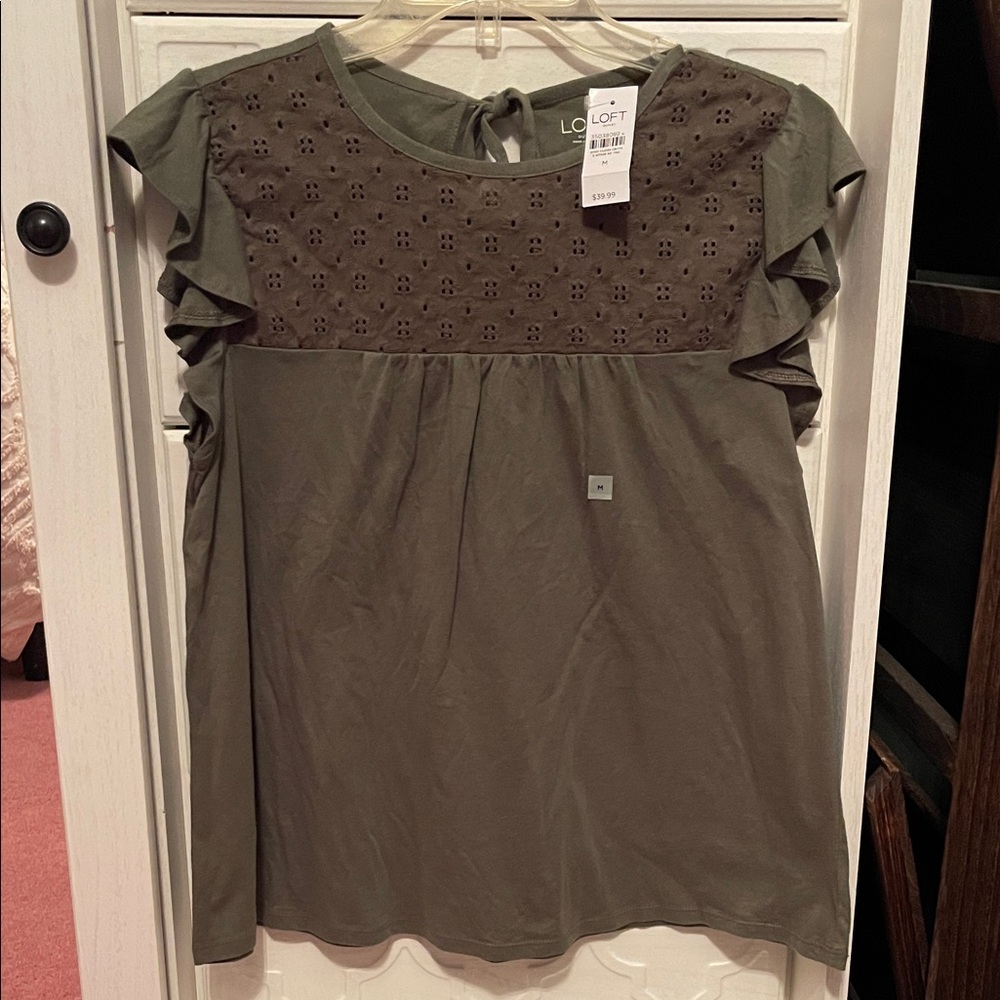 LOFT Olive Green Eyelet Ruffle Blouse size medium new with tags